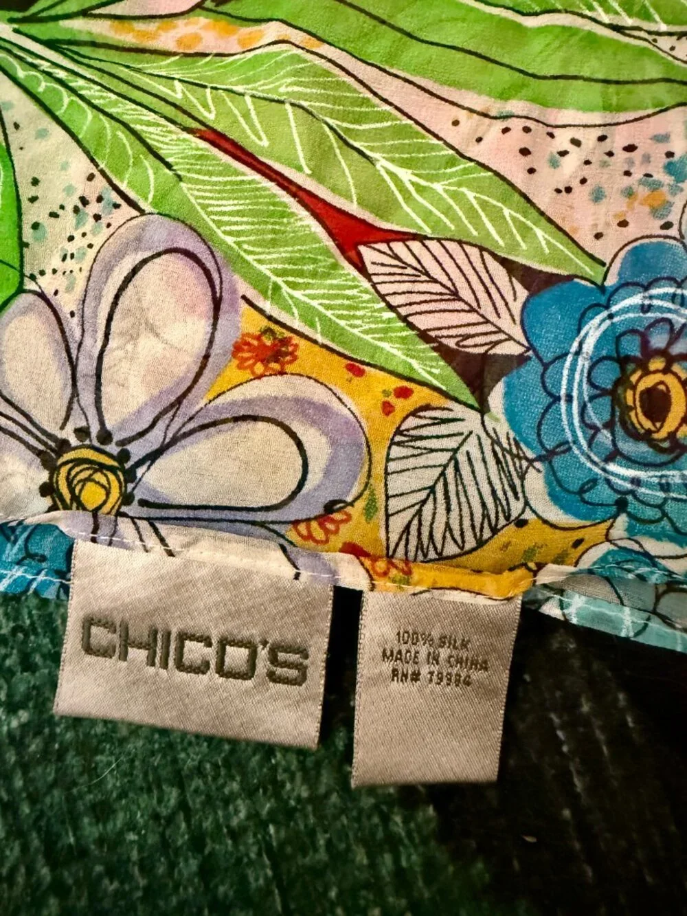 Chico’s 100% Silk Scarf Colorful Floral Botanical Print
